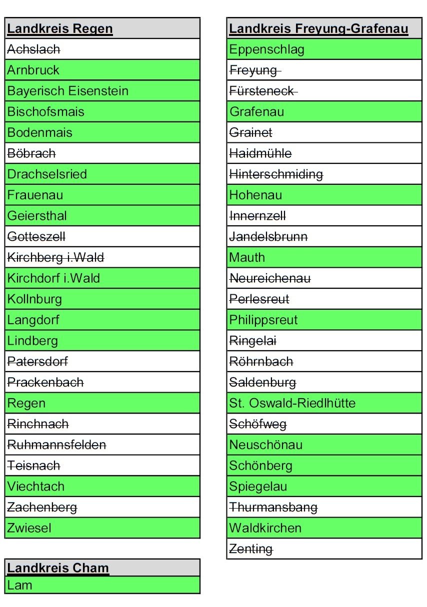 Karte der GUTi-Gemeinden im Landkreis Regen